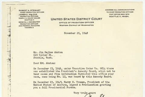 Jim H. Akustu pardon notification (ddr-densho-1007-1379)