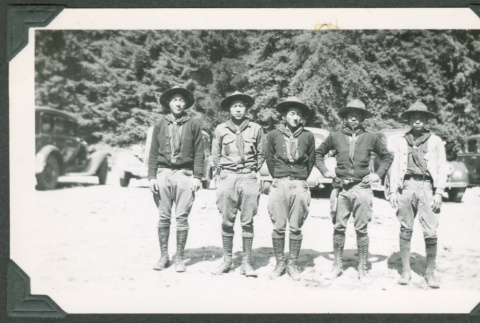 Five men in Boy Scout gear (ddr-densho-475-735)