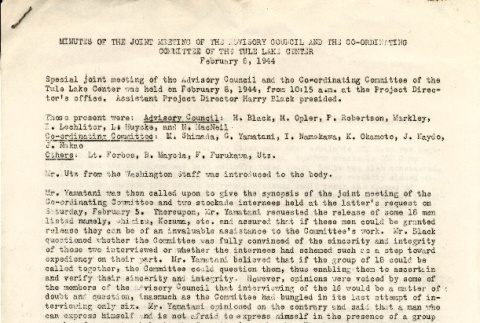 [Minutes of the joint meeting of the advisory council and the Co-ordinating Committee of the Tule Lake Center, February 8,1944] (ddr-csujad-2-20)
