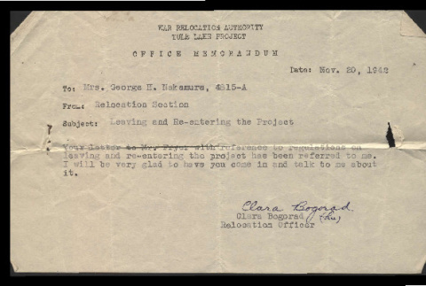 Memo from Clara Bogorad, Relocation Officer, to Mrs. George H. Nakamura, November 20, 1942 (ddr-csujad-55-2382)