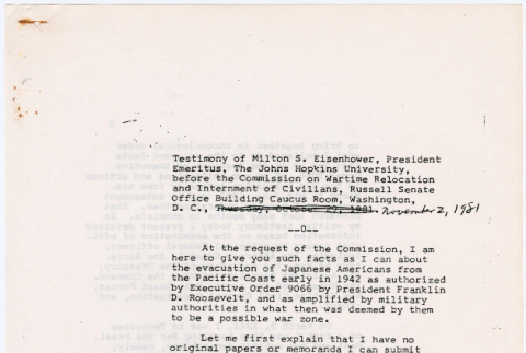 Statement by Milton S. Eisenhower to Commission on Wartime Relocation and Internment of Civilians (CWRIC) (ddr-densho-122-275)