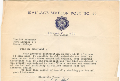 Thank you letter sent to T.K. Pharmacy from the American Legion (ddr-densho-319-590)