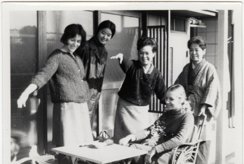 Group of 5 women outside house (ddr-densho-426-458)