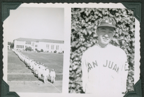 Double photo -1st outdoor graduation and Frank Miwa in baseball uniform (ddr-densho-475-641)