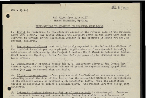 Instructions to evacuees on seasonal work leave, WRA-49 (ddr-csujad-55-676)