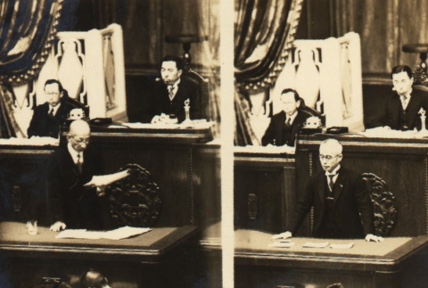 Tatsukichi Minobe reading his defense to the House of Peers (ddr-njpa-4-972)