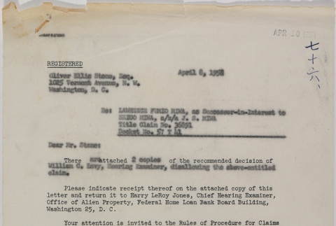 Letter from Harry LeRoy Jones, Office of Alien Property, to Oliver Ellis Stone (ddr-densho-437-106)