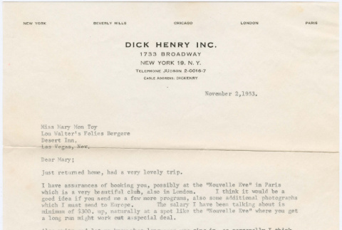 Letters from Dick Henry to Mary Mon Toy (ddr-densho-367-89)