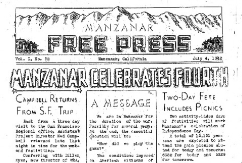 Manzanar Free Press Vol. I No. 32 (July 4, 1942) (ddr-densho-125-32)