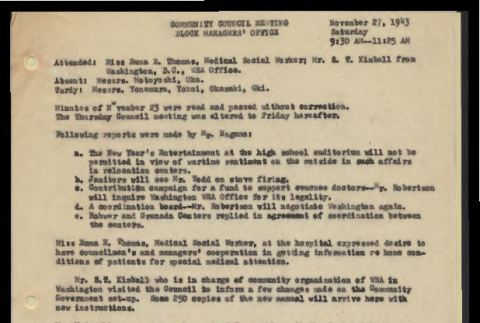 Minutes from the Heart Mountain Community Council meeting, November 27, 1943 (ddr-csujad-55-493)