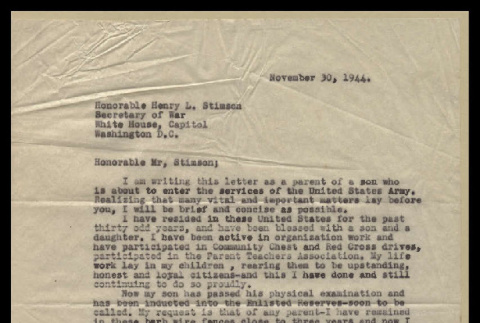 Letter from Tsuna Watanabe to Honorable Henry L. Stimson, Secretary of War, November 30, 1944 (ddr-csujad-55-2002)