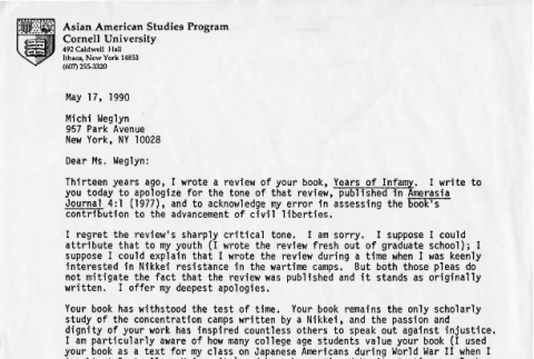 Letter from Gary Okihiro, professor, Department of Asian American Studies at Cornell University to Michi Weglyn (ddr-csujad-24-9)
