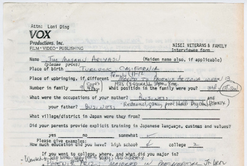 Jim Masaru Ariyasu interviewee form (ddr-densho-1007-965)