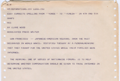 Wire Copy report from San Francisco hearings of Commission of Wartime Relocation and Internment of Civilians (CWRIC) (ddr-densho-122-283)