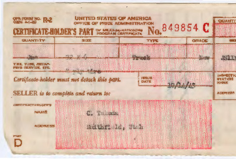 Mileage rationing certificate (ddr-densho-501-214)