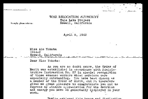 Letter from Harvey M. Coverley, Project Director Tule Lake Project, to Miss Aie Yokota, April 5, 1943 (ddr-csujad-55-212)
