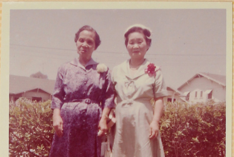 Two women standing by hedge wearing corsages (ddr-densho-522-48)
