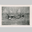 Group of men sitting near bare trees with barracks in background (ddr-densho-329-1376)