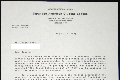 Letter to Jackie Cash from Bill Yoshino (ddr-chijacl-1-674)