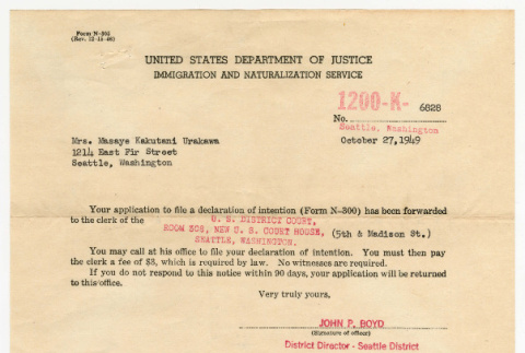 Letter from John P. Boyd to Masaye Urakawa (ddr-densho-474-56)
