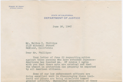Letter from Robert W. Kenny to Walton D. Phillips (ddr-densho-392-68)