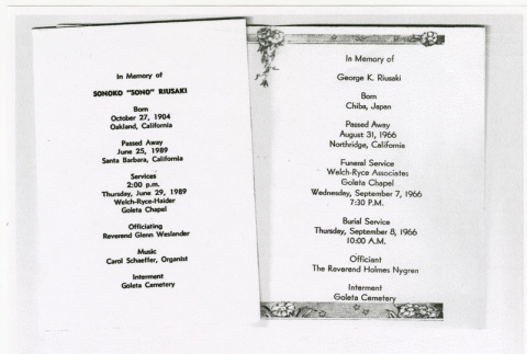 Copies of funeral programs for Sonoko Riusaki and George Riusaki (ddr-densho-329-1115)