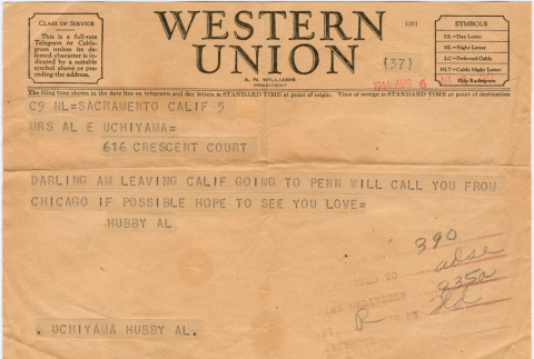 Telegram from Alvin Uchiyama to Kathleen Koga Uchiyama (ddr-densho-406-35)