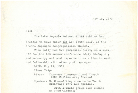 Letter announcing the first Lake Sequoia Retreat rally (ddr-densho-336-598)