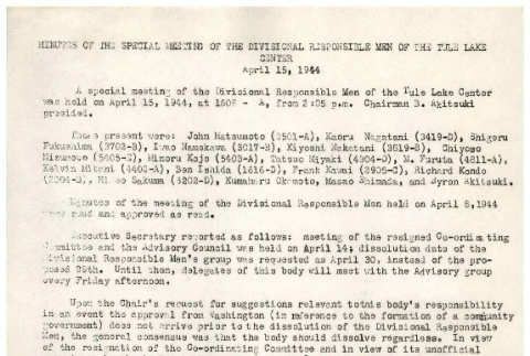 [Minutes of the special meeting of the divisional responsible men of the Tule Lake Center, April 15, 1944] (ddr-csujad-2-18)