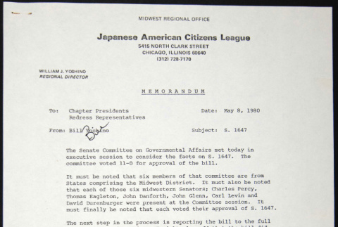 Memo to Chapter Presidents from Bill Yoshino (ddr-chijacl-1-208)