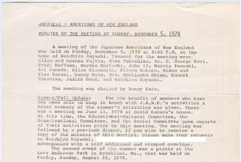 Minutes of 11/5/78 J.A.N.E. (Japanese Americans in New England) meeting (ddr-densho-523-726)