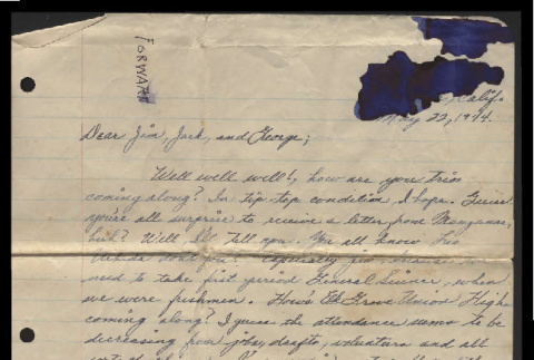 Letter from Leo Uchida to James Waegell, Jack, and George, May 22, 1944 (ddr-csujad-55-2336)
