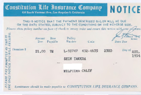 Constitution Life Insurance Company premium (ddr-densho-501-118)