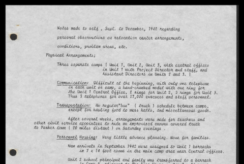 Notes made to self, Sept. to December 1942, regarding personal observations on relocation center arrangements, conditions, problem areas, etc. (ddr-csujad-55-1642)