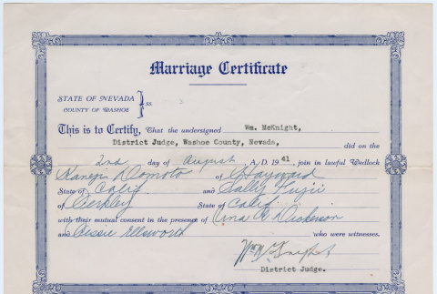 Marriage Certificate for Kaneji Domoto and Sally Fujii (ddr-densho-329-1249)