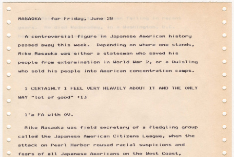 Radio news copy by Frank Abe reporting on Mike Masaoka's death (ddr-densho-122-582)