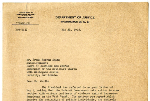 Letter from Tom C. Clark,  Assistant Attorney General of the United States, to Frank Herron Smith, May 31, 1945 (ddr-csujad-21-7)