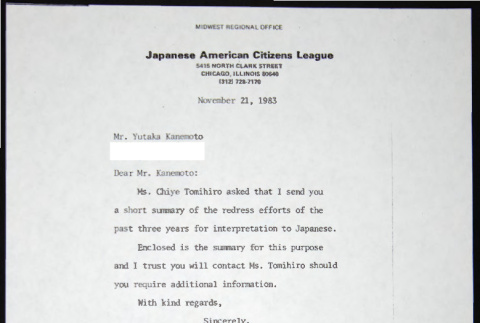 Letter to Yutaka Kanemoto from Bill Yoshino (ddr-chijacl-1-738)