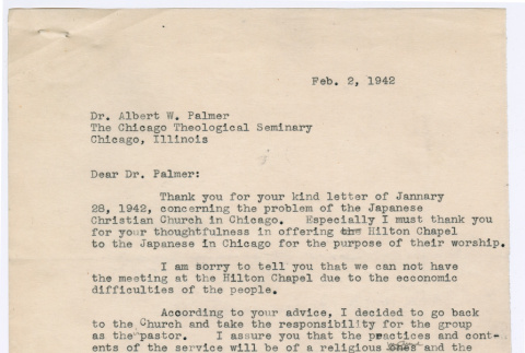 Letter from Ai Chih Tsai to Albert W. Palmer (ddr-densho-446-14)