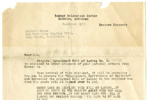 Letter from E. F. Owen, Evacuee Property, Rohwer Relocation Center, Arkansas, to Seiichi Okine, November 9, 1945 (ddr-csujad-5-102)