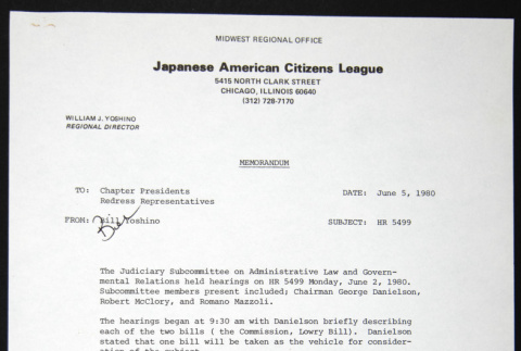 Memo to Chapter Presidents from Bill Yoshino (ddr-chijacl-1-201)