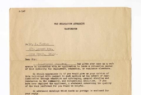 Letter from Dillon S. Myer, Director, War Relocation Authority, to J. Flores, March 1943 (ddr-csujad-51-2)