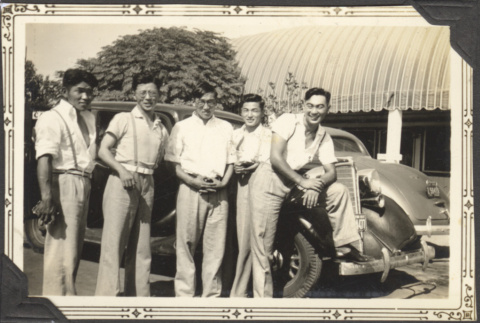 Group of five men by car (ddr-densho-326-591)