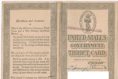 United States Government Thrift Card for earning a War Savings Certificate during WWI (ddr-densho-329-972)