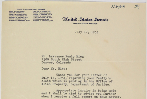 Letter from Eugene Milliken, Chair of Senate Finance Committee, to Lawrence Fumio Miwa (ddr-densho-437-33)