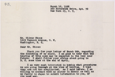 Letter from Lawrence Miwa to Oliver Ellis Stone concerning claim for James Seigo Maw's confiscated property (ddr-densho-437-225)