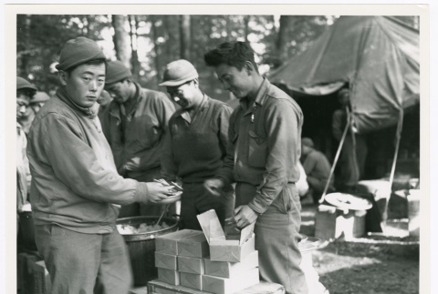 100th Infantry Battalion troops in bivouac to prepare for front lines (ddr-densho-1007-175)
