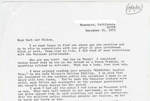 Letter from Tad Uyeno to Elaine and Karl Yoneda (ddr-densho-1007-896)