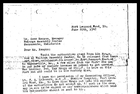 Letter from Masatoshi Yamaguchi, Pvt. Medical Detachment, to Gene Kenyon, Manager, Walerga Assembly Center, June 20, 1942 (ddr-csujad-55-2239)