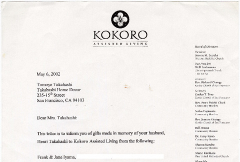 Letter from Richard Eijima, Kokoro Assisted Living, to Tomoye Takahashi (ddr-densho-422-278)